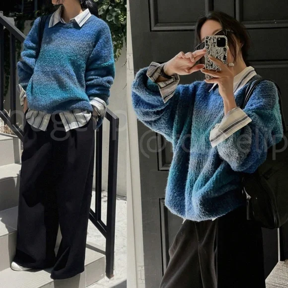 Blue Ombre Oversized Pullover Knit Sweater Round Neck Long SLeeve - Picture 8 of 16